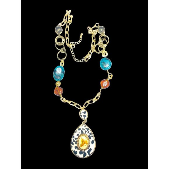 Upcycled Vintage Horse Brooch & Necklace W/ Wire Wrapped Turquoise & Amber Beads - Picture 3 of 14